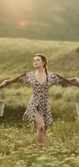 A woman in a floral dress balances buckets in a sunlit meadow.