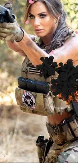 Woman in tactical gear aiming firearm amidst nature.