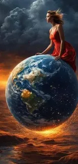 Woman in red dress sitting atop glowing Earth with dramatic sky.