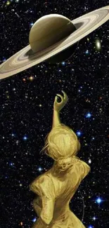 Artistic depiction of woman reaching for Saturn in space.