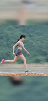 Woman running in nature, scenic wallpaper.