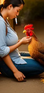 Woman in casual attire with chicken in sunlight.