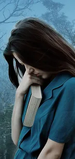 Thoughtful woman holding book in misty forest backdrop.