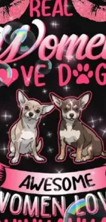 Women love dogs wallpaper with cute dog illustrations and pink text.