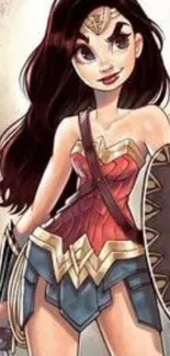 Wonder Woman cartoon style art with shield and sword.