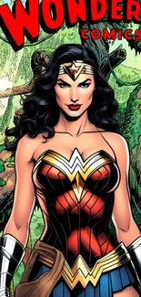 Wonder Comics heroine wallpaper in lush green setting.