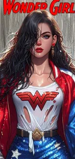 Illustration of Wonder Girl in a red and blue outfit with dynamic style.