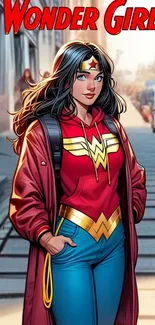 Wonder Girl in red hoodie walking down a city street with stylish attire.