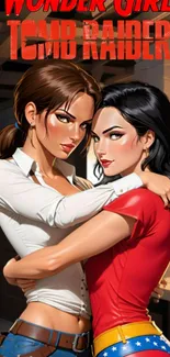 Artistic anime style image of Wonder Girl and Tomb Raider embracing in vibrant colors.