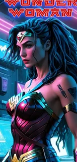 Wonder Woman in a futuristic neon setting