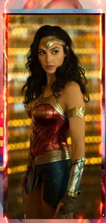 Wonder Woman in striking superhero costume with vibrant background.