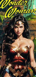 Wonder Woman in Amazon jungle art wallpaper with vibrant colors.