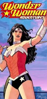 Wonder Woman in comic art style holding a sword with city skyline.