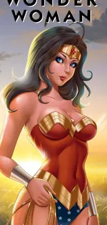 Wonder Woman in vibrant animated style with a sunset background.