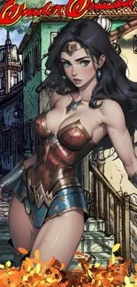 Anime-style Wonder Woman in a vibrant urban setting with autumn leaves.