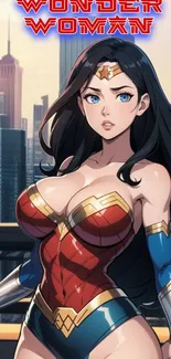 Wonder Woman anime wallpaper with city skyline.