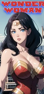 Wonder Woman in anime style with red and gold armor on city background.