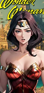 Anime Wonder Woman with a scenic background in vibrant colors.