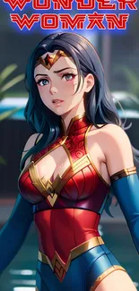 Anime Wonder Woman with vibrant blue and red costume in a dynamic pose.