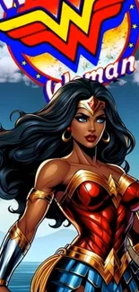 Wonder Woman standing strong with a vibrant background.