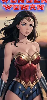 Wonder Woman art with sunset background.