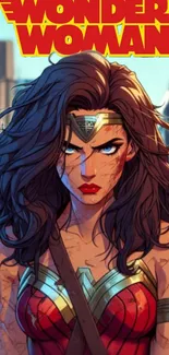 Wonder Woman illustrated in a dynamic superhero pose on a mobile wallpaper.