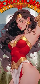 Wonder Woman in red and gold costume at the beach, vibrant digital art.