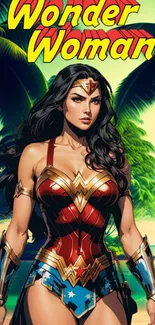 Wonder Woman art with tropical background.