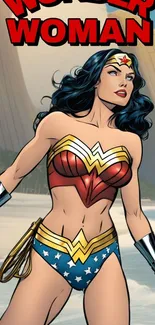 Wonder Woman stands on a beach, vibrant superhero art.