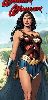 Wonder Woman stands on a tropical beach, wearing her iconic outfit and cape.