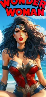 Wonder Woman in armor by the beach with ocean background.