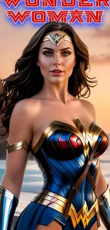 Wonder Woman standing on a beach at sunset with iconic armor.