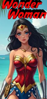 Wonder Woman in vibrant beach scene wallpaper.