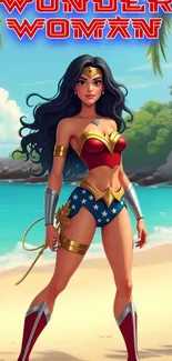 Animated Wonder Woman on a tropical beach in vibrant colors.