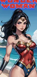 Wonder Woman stands on a vibrant beach.