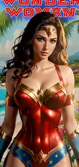 Wonder Woman in vibrant beach setting wallpaper.