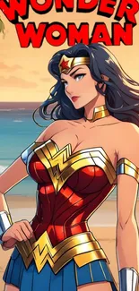 Wonder Woman posing at the beach with a vivid sunset.