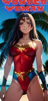 Anime Wonder Woman stands on a tropical beach.