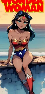 Anime-style Wonder Woman sitting by the sea.