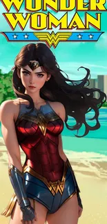 Wonder Woman stands powerfully on a sunny beach with a vibrant and dynamic backdrop.