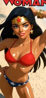 Wonder Woman in a cartoon style on a sunny beach.