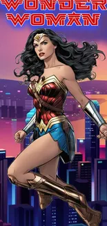 Wonder Woman stands against a vibrant cityscape backdrop.