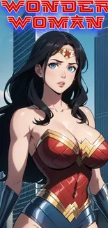 Wonder Woman in a cityscape setting wallpaper with bold colors.