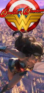 Wonder Woman flying over cityscape with logo in vibrant colors.