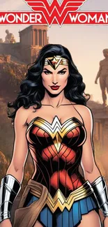 Wonder Woman in heroic pose comic art background.