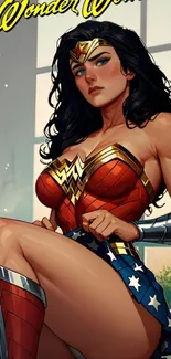 Wonder Woman in dynamic pose, vibrant mobile wallpaper.