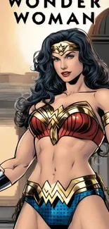 Wonder Woman in iconic costume, comic art wallpaper.