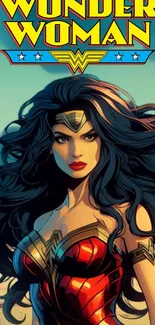 Wonder Woman in vibrant comic-style illustration, showcasing heroism.