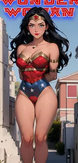 Wonder Woman in vibrant comic style on mobile wallpaper.