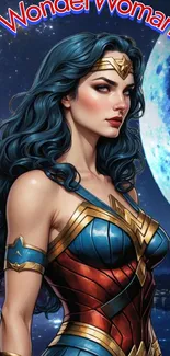 Wonder Woman cosmic art with vibrant dark blue moonlit background.